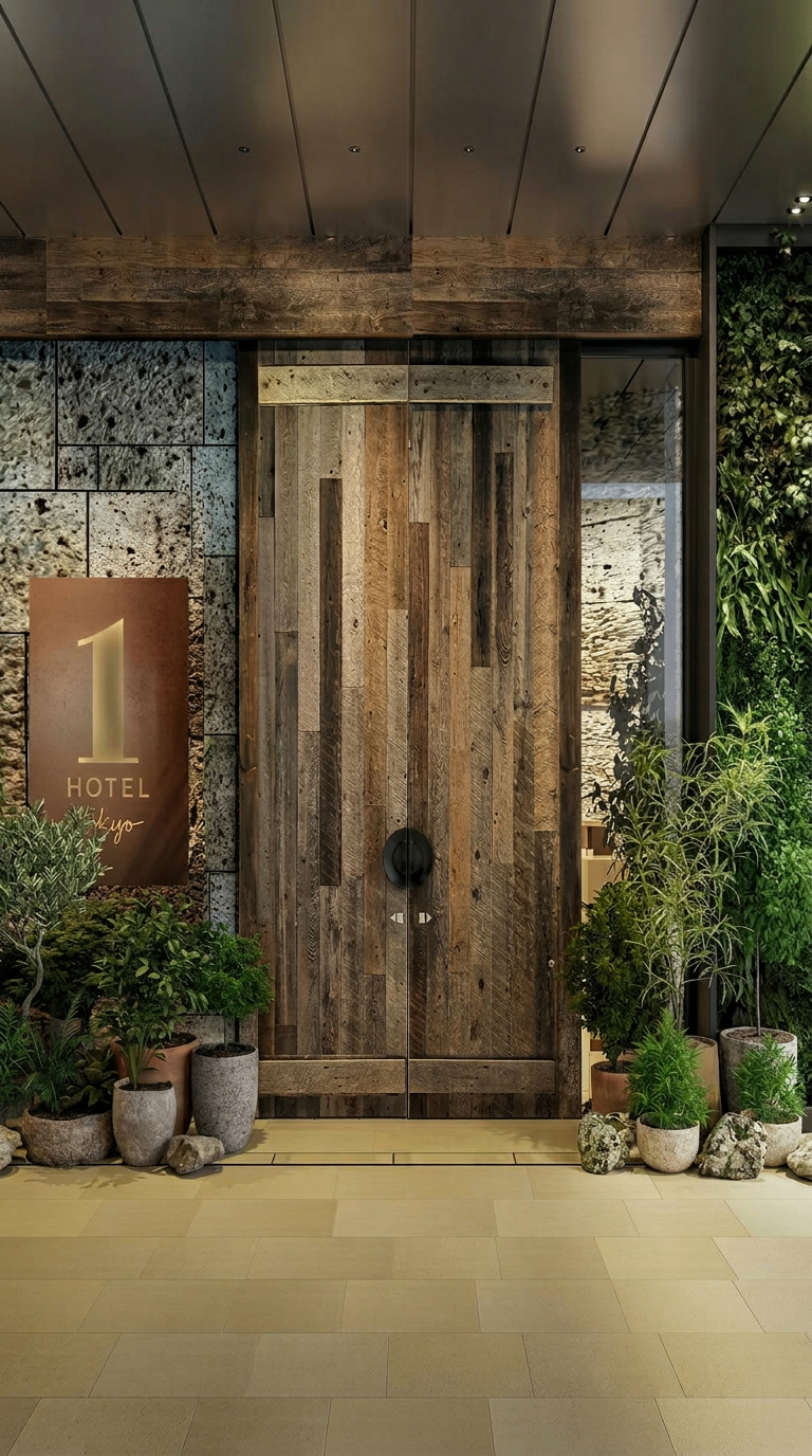 Textured timber hotel entrance surrounded by planting