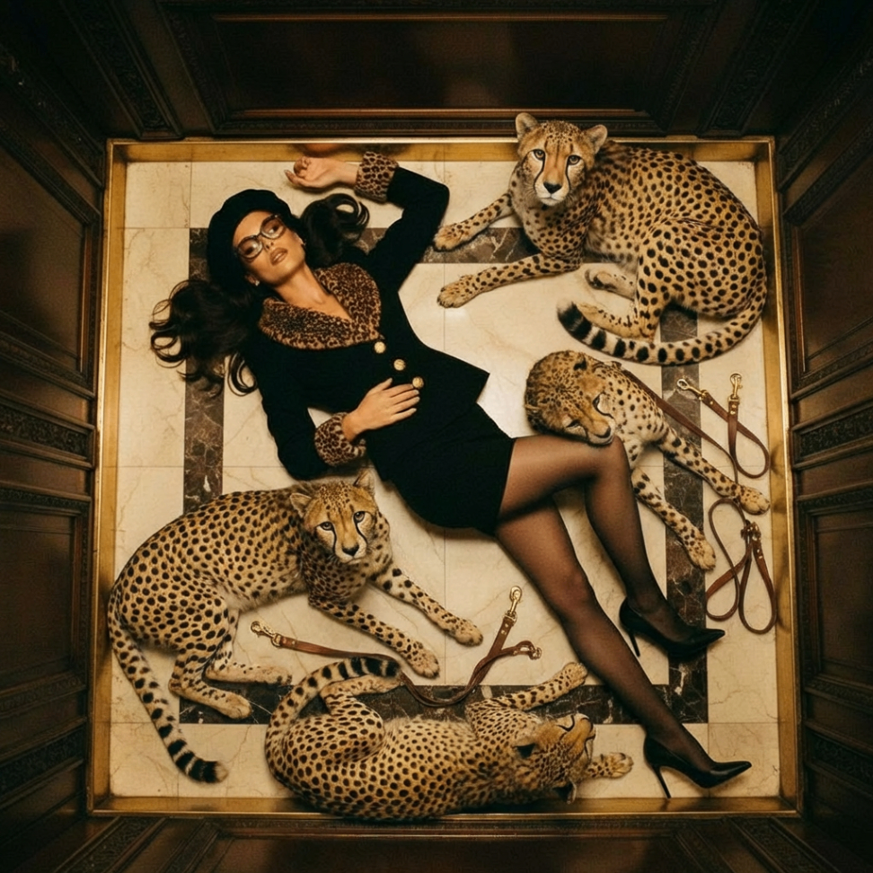 Overhead composition with model and reclining cheetahs