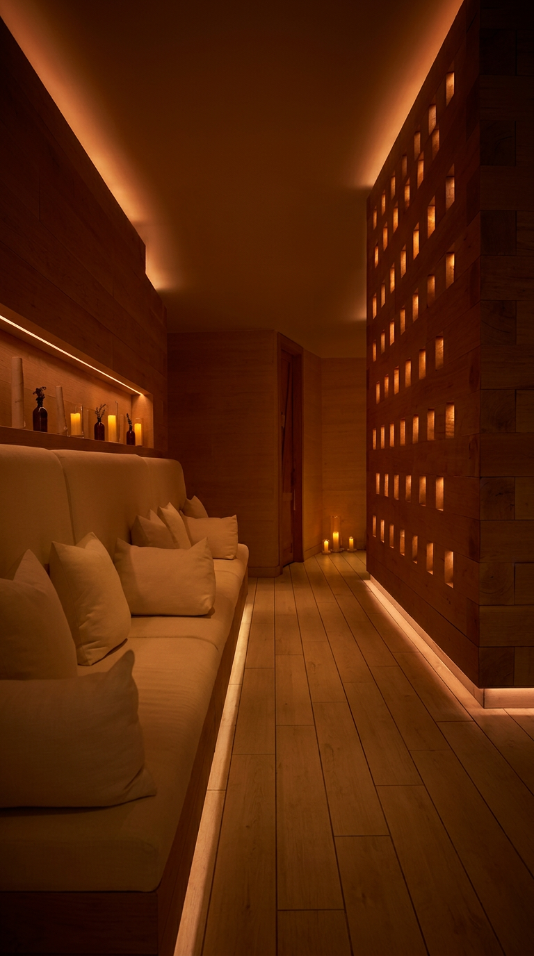 Candlelit spa corridor with warm timber walls and built-in lounge seating