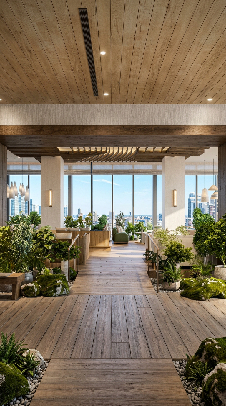 Open-air hotel rooftop lounge with warm wood, greenery, and skyline views