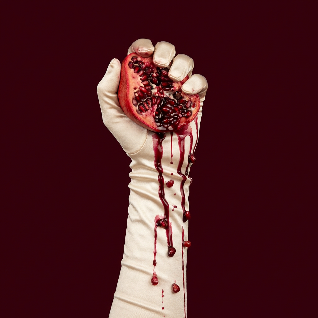Cream silk glove squeezing a pomegranate