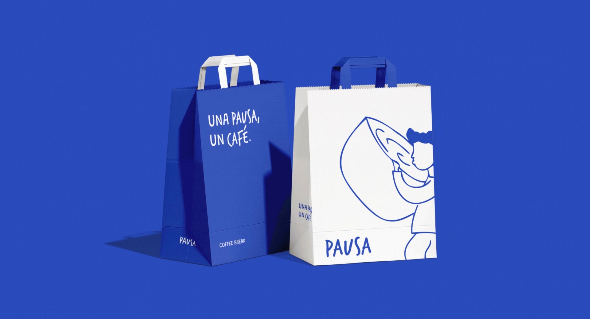 Pausa coffee break takeout paper bags in blue and white