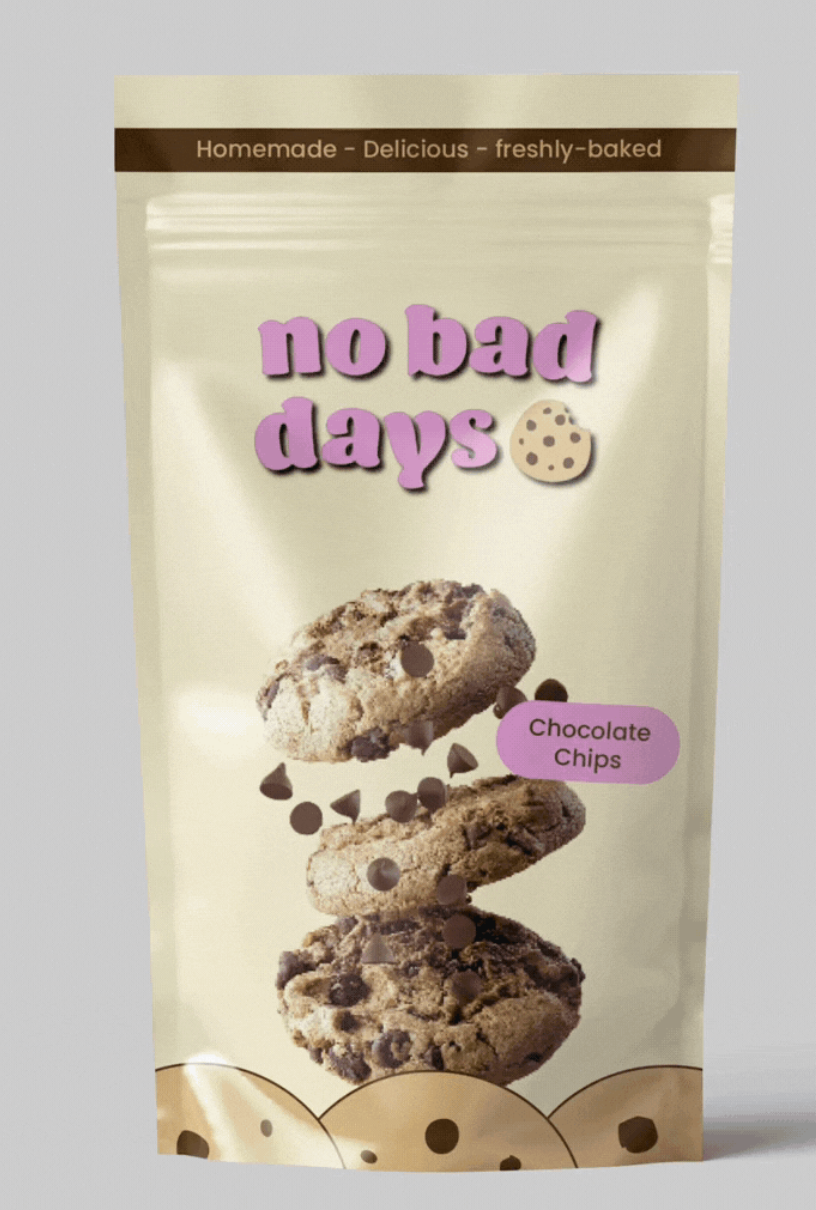 No Bad Days chocolate chip cookie pouch packaging