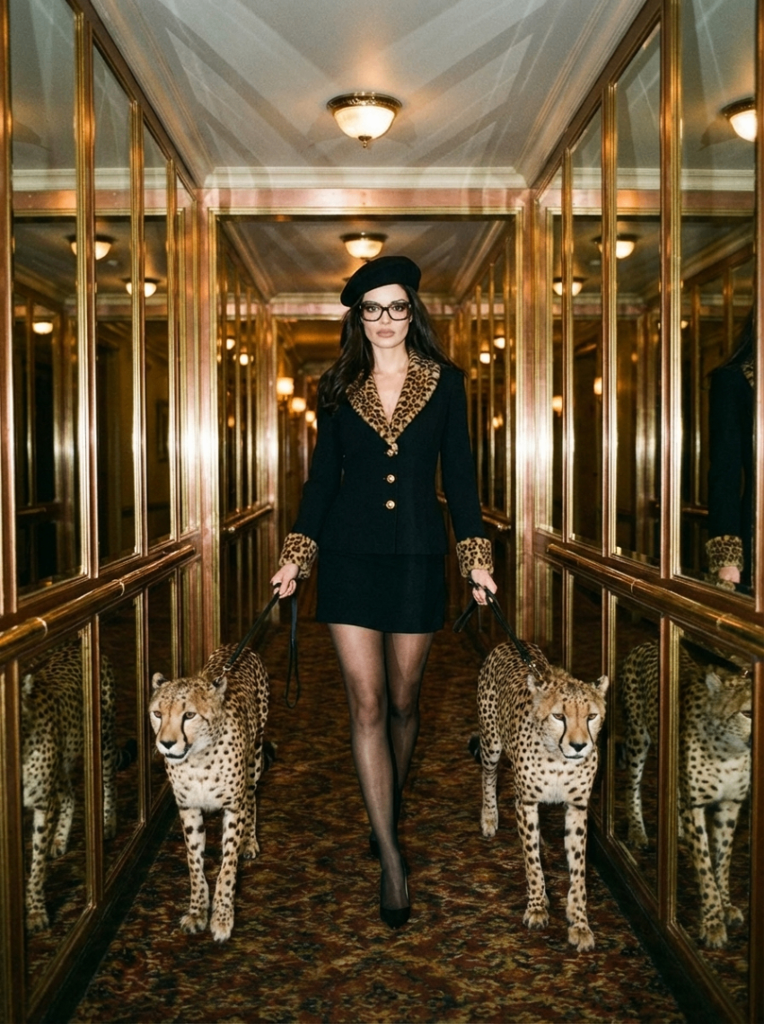 Model walking two cheetahs through a mirrored corridor
