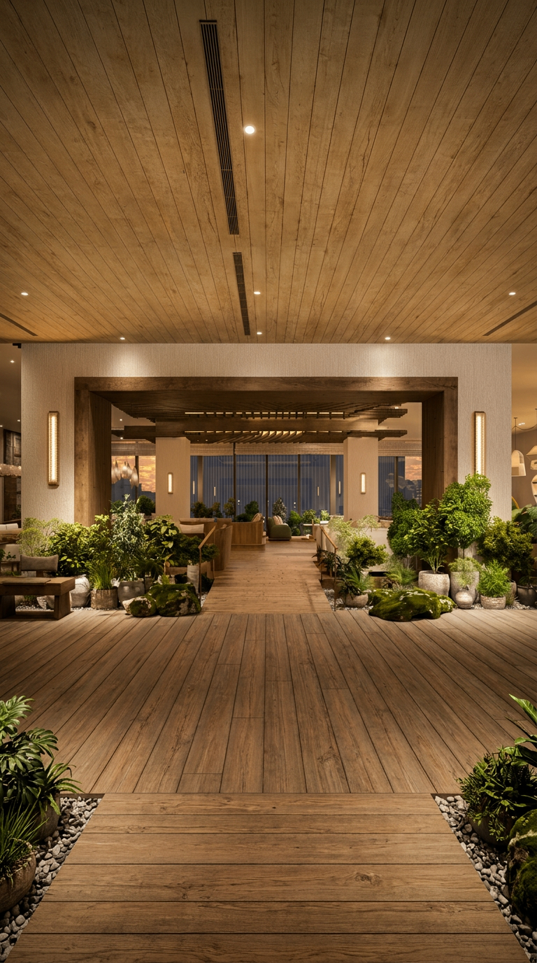 Hotel lobby framed by lush planting and timber architecture