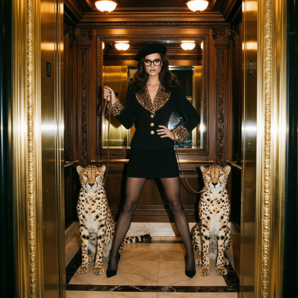 Symmetrical portrait with two cheetahs framing the model