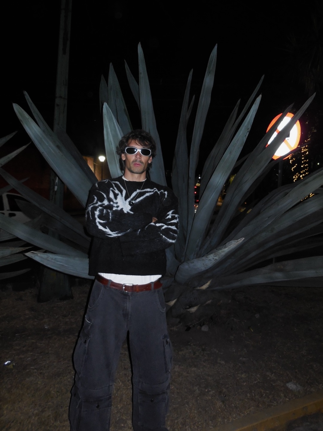 Artist in white sunglasses and spider knit sweater against agave leaves at night