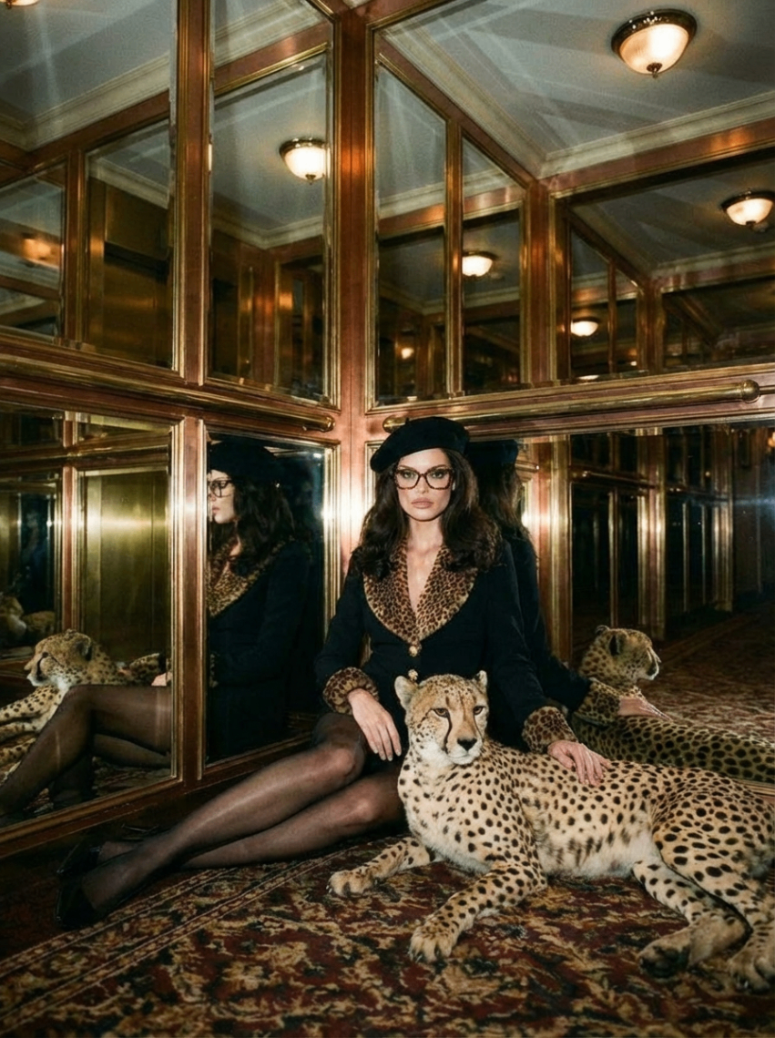Model seated with a cheetah in a brass mirrored room