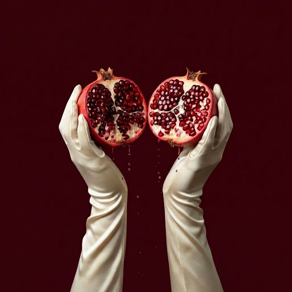 Pomegranate halves held in gloved hands