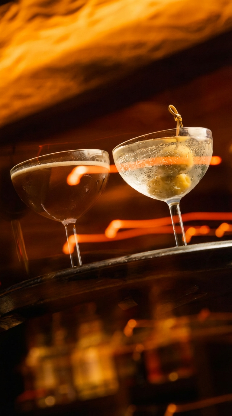 Two refined cocktails against a glowing amber backdrop