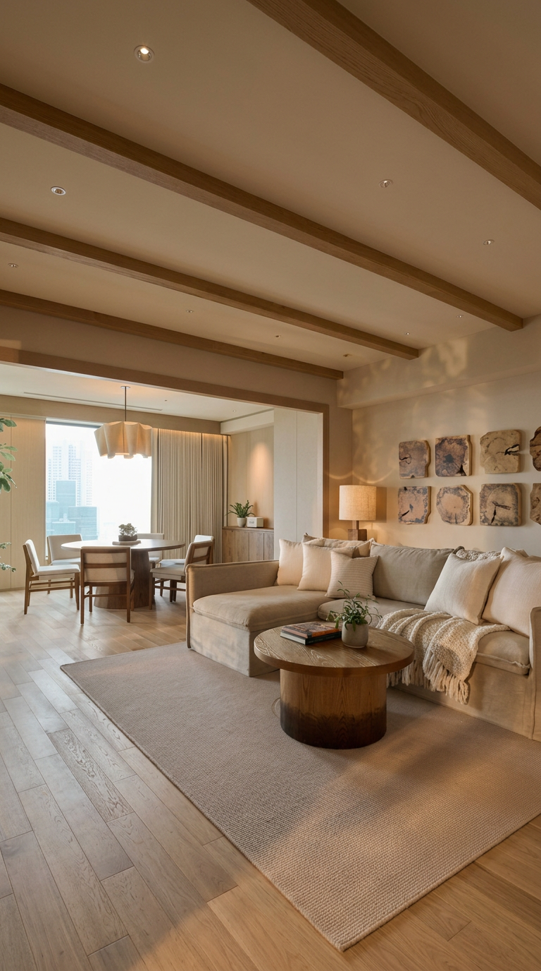 Soft neutral hotel suite living room with sculptural lighting and wood beams